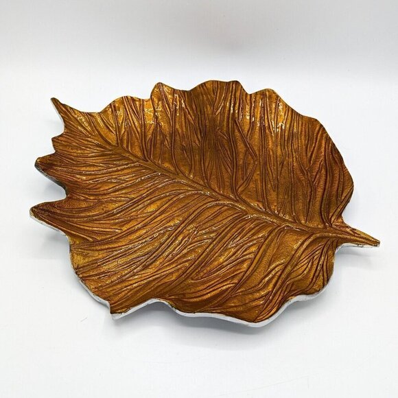 LARGE Enamel On Metal Autumn Leaf Serving Platter Tray Orange Gold Indian 16" - Picture 1 of 6